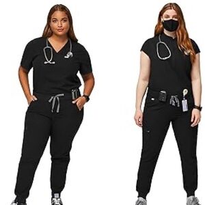 3 Piece FIGS Scrubs| 2 Black Zamora Jogger Scrub Pants + 1 Casma Scrub Top | XXL